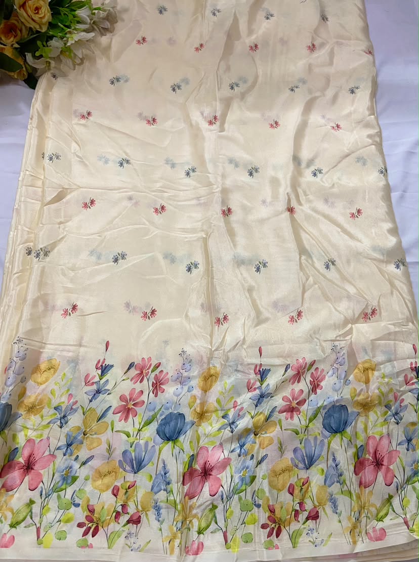 Chinon Fabric with Floral Print In Daman Style In Cream Colour
