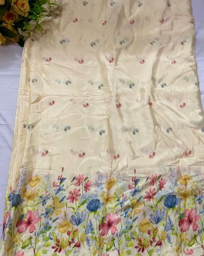 Chinon Fabric with Floral Print In Daman Style In Cream Colour