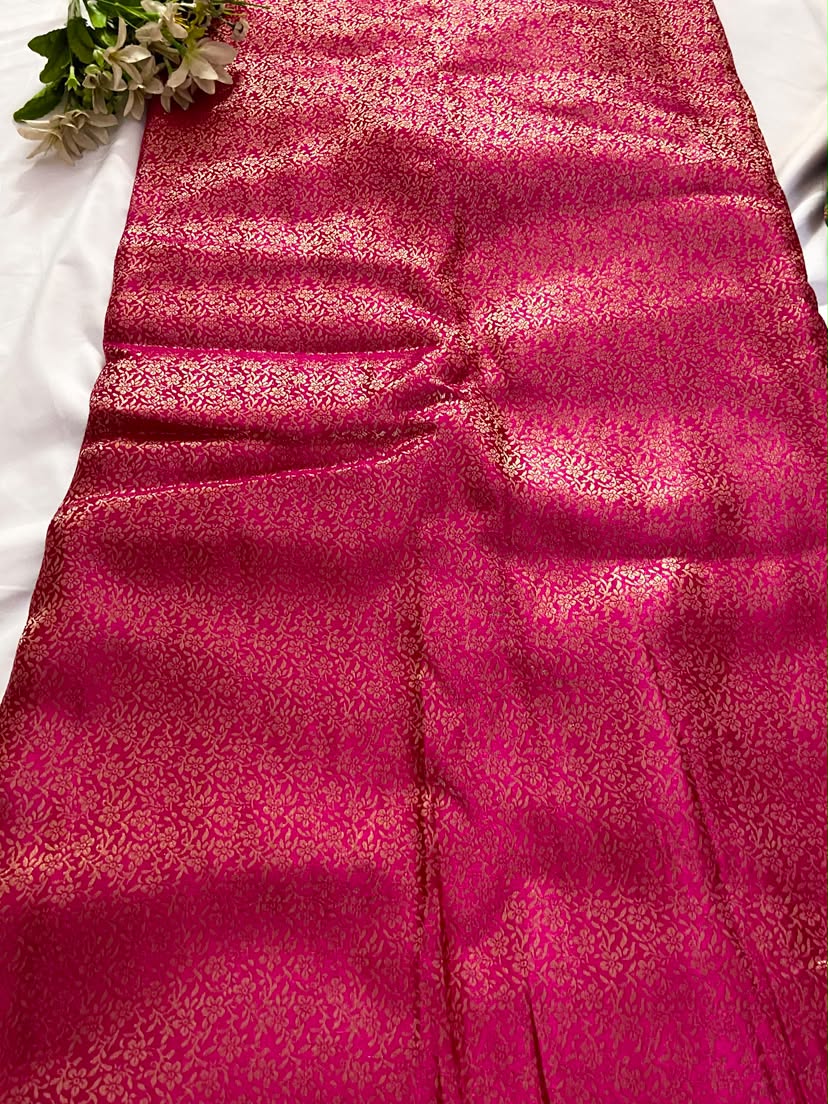 Pink Brocade Banarasi Silk Fabric With Golden Weaving