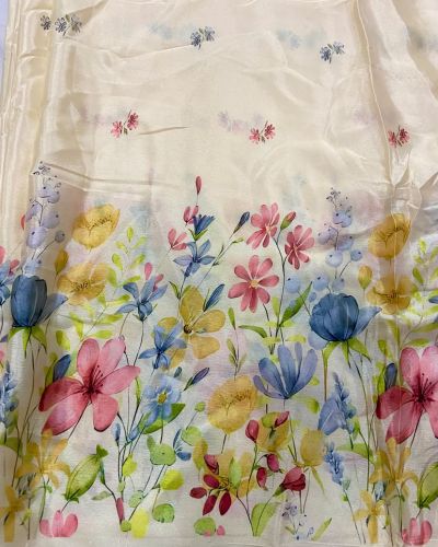 Chinon Fabric with Floral Print In Daman Style In Cream Colour