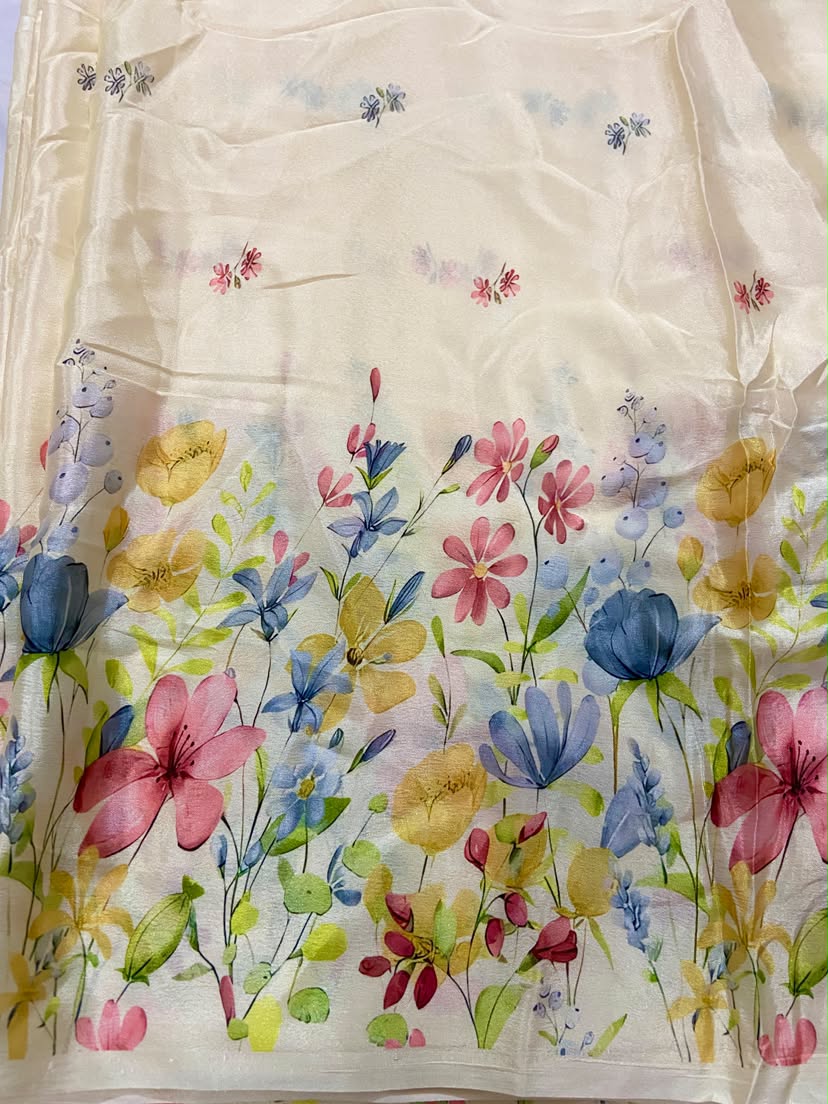 Chinon Fabric with Floral Print In Daman Style In Cream Colour