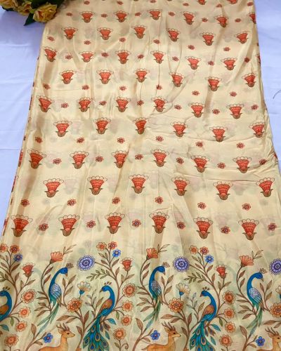 Chinon Fabric With Peacock Print In Daman Style In Cream Colour