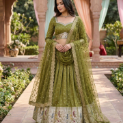 Peacock Printed Silk Lehenga In Olive Green Colour