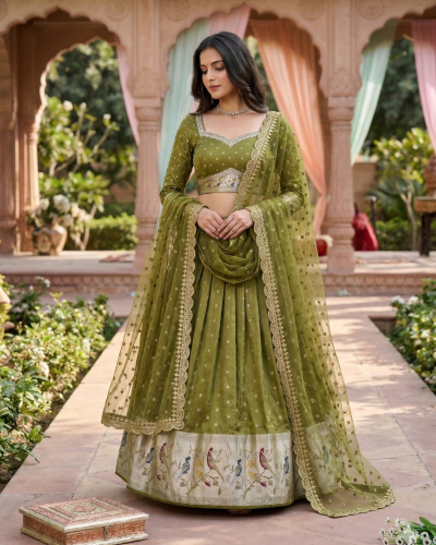 Peacock Printed Silk Lehenga In Olive Green Colour