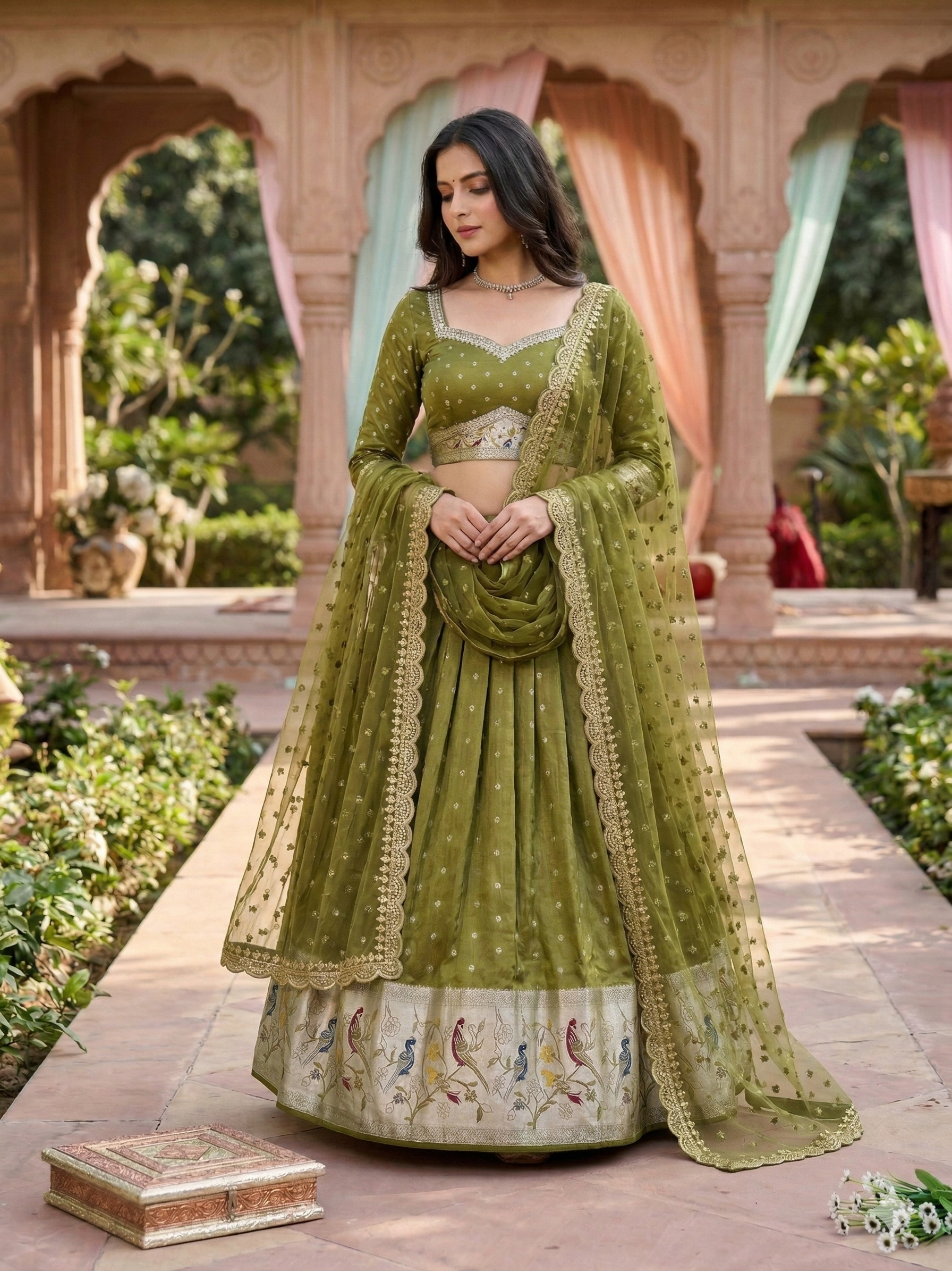 Peacock Printed Silk Lehenga In Olive Green Colour