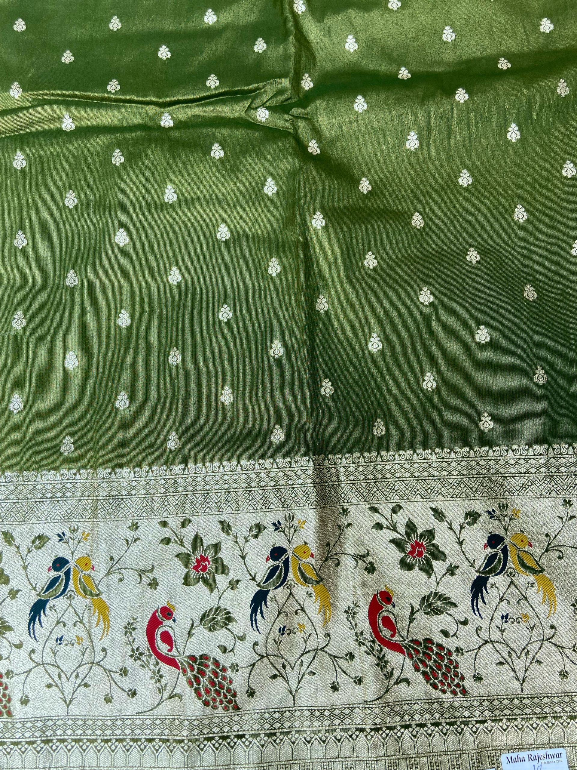 Peacock Printed Silk Lehenga In Olive Green Colour