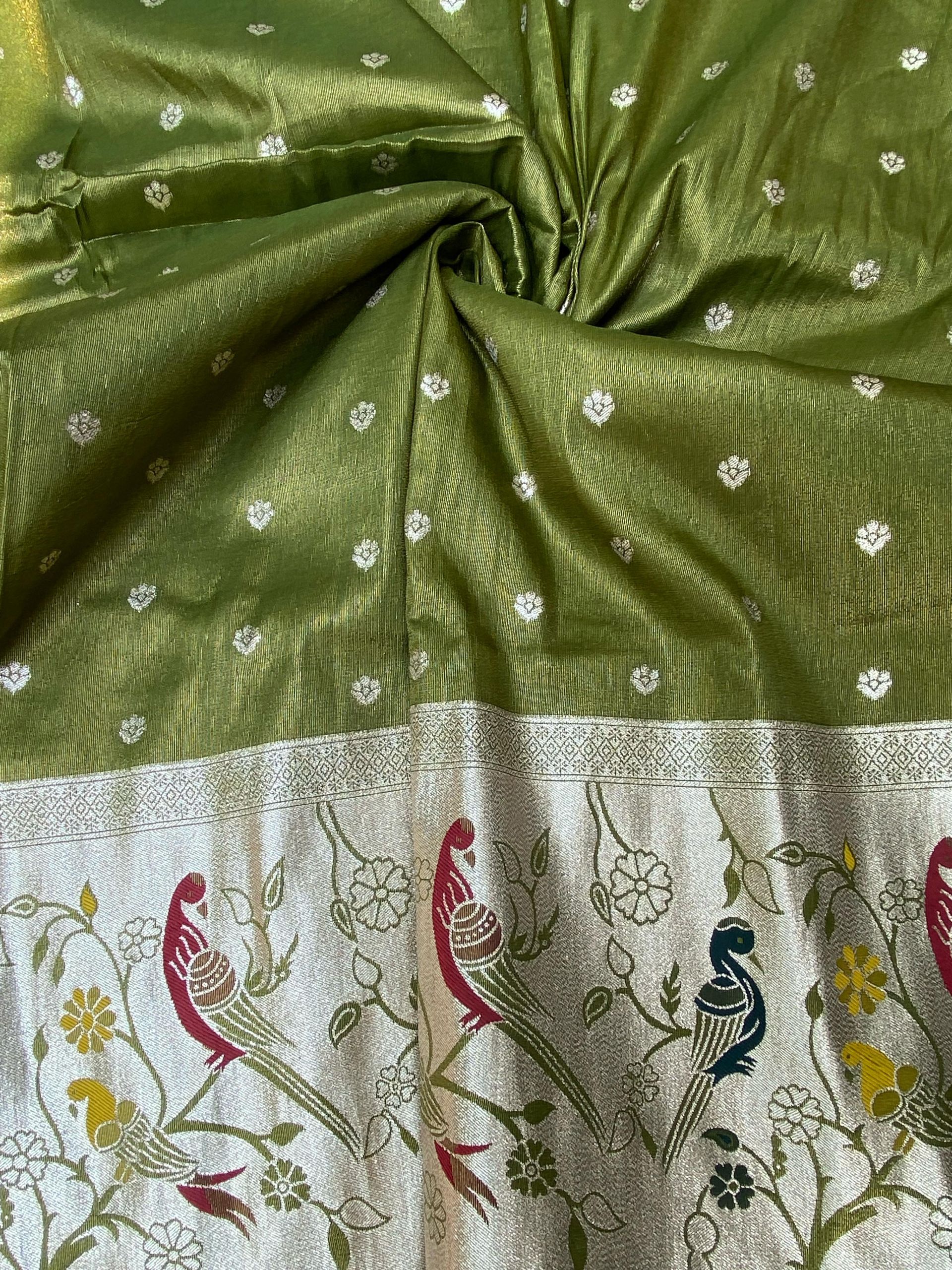 Peacock Printed Silk Lehenga In Olive Green Colour
