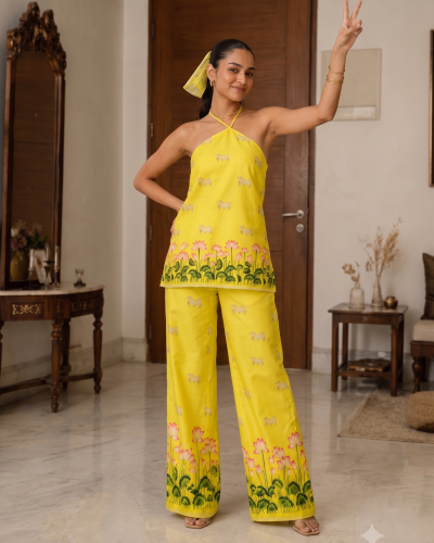 Sunshine Yellow Lotus Print Halter-Neck Tunic & Wide-Leg Trousers Set