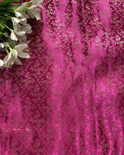 Rani Pink Brocade Banarasi Silk Fabric With Golden Weaving