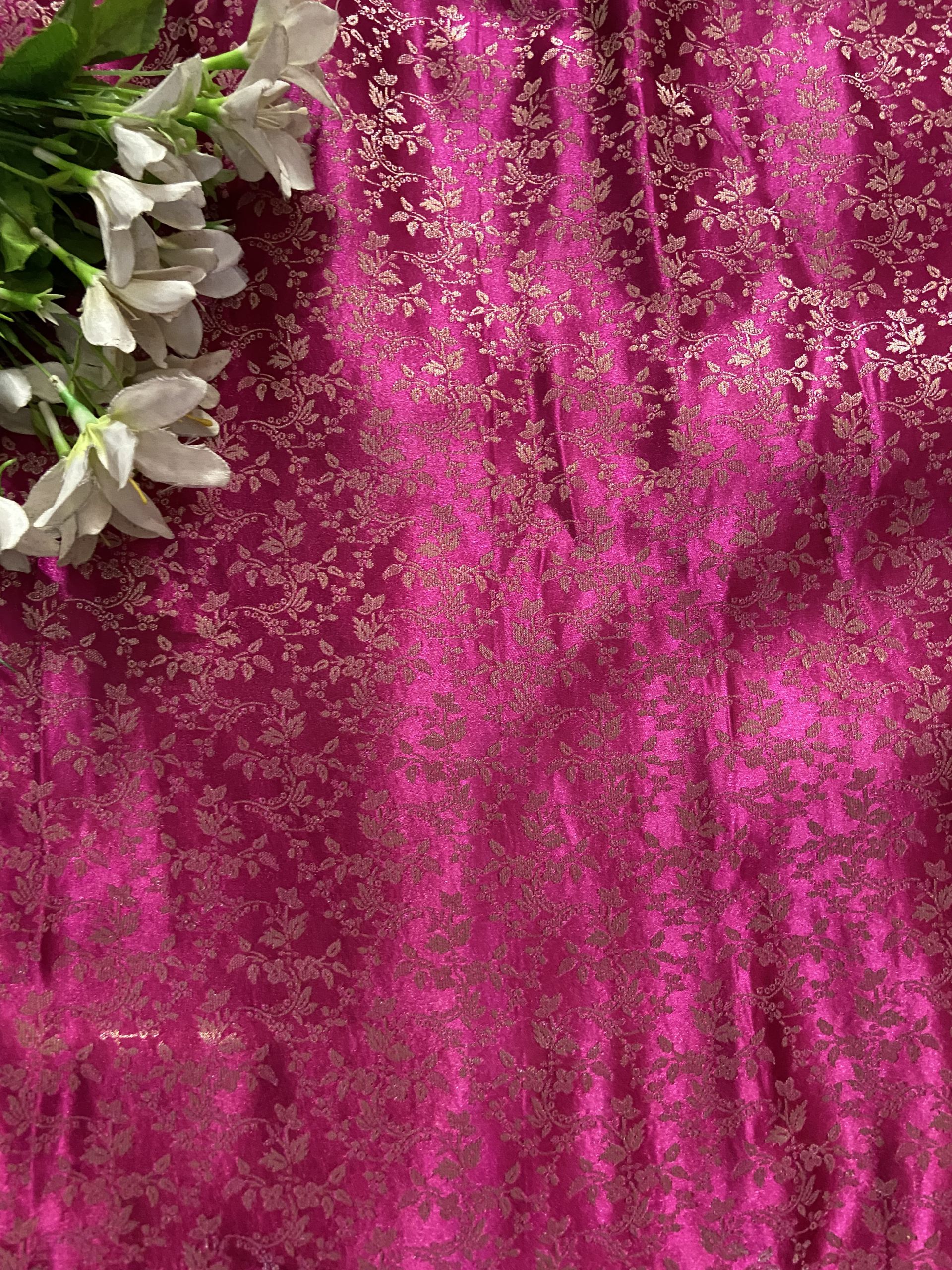 Rani Pink Brocade Banarasi Silk Fabric With Golden Weaving