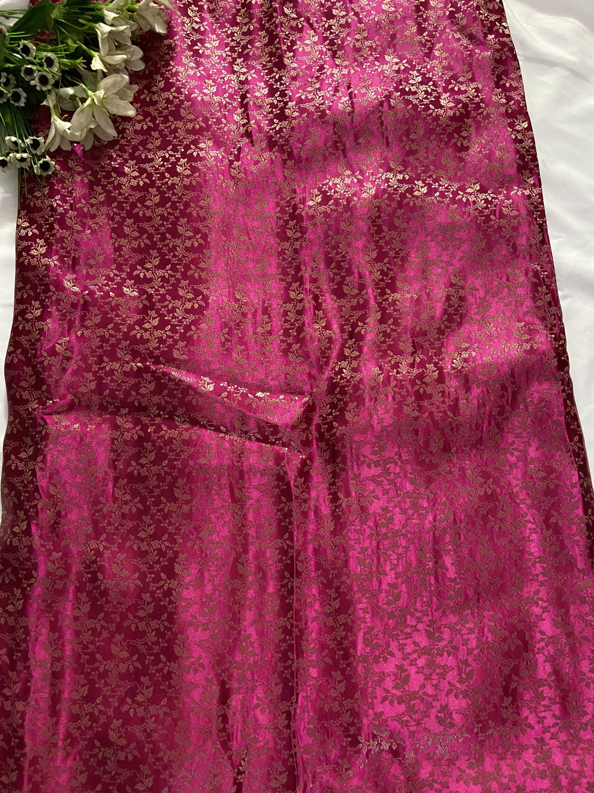 Rani Pink Brocade Banarasi Silk Fabric With Golden Weaving
