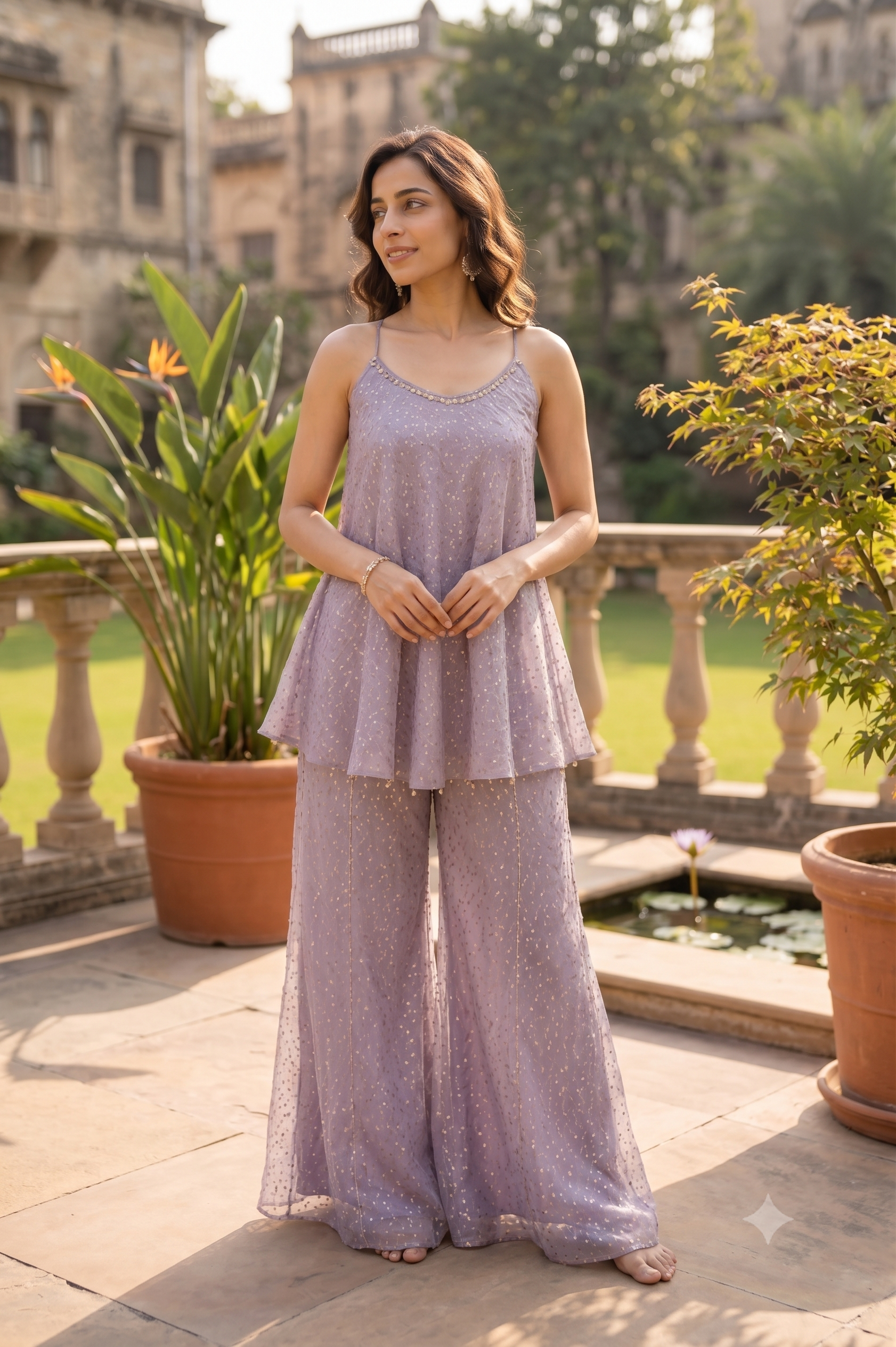 Golden Mukesh Organza Tissue Peplum & High-Slit Tunics – Sister Twinning
