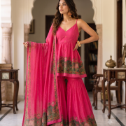 Sun-Kissed Yellow & Rani Pink Peplum Top & Gharara – Sister Twinning Edit