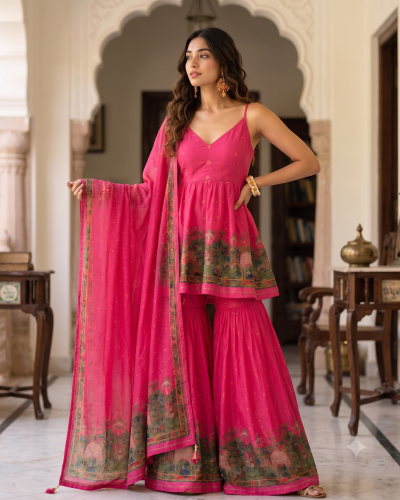 Rani Pink Lotus Motif Peplum Kurta & Tiered Gharara Set