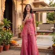 Bubblegum Pink Banarasi Corset Set with Organza Peplum Jacket
