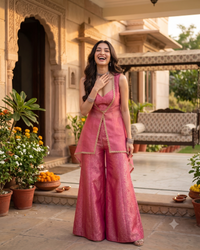 Bubblegum Pink Banarasi Corset Set with Organza Peplum Jacket