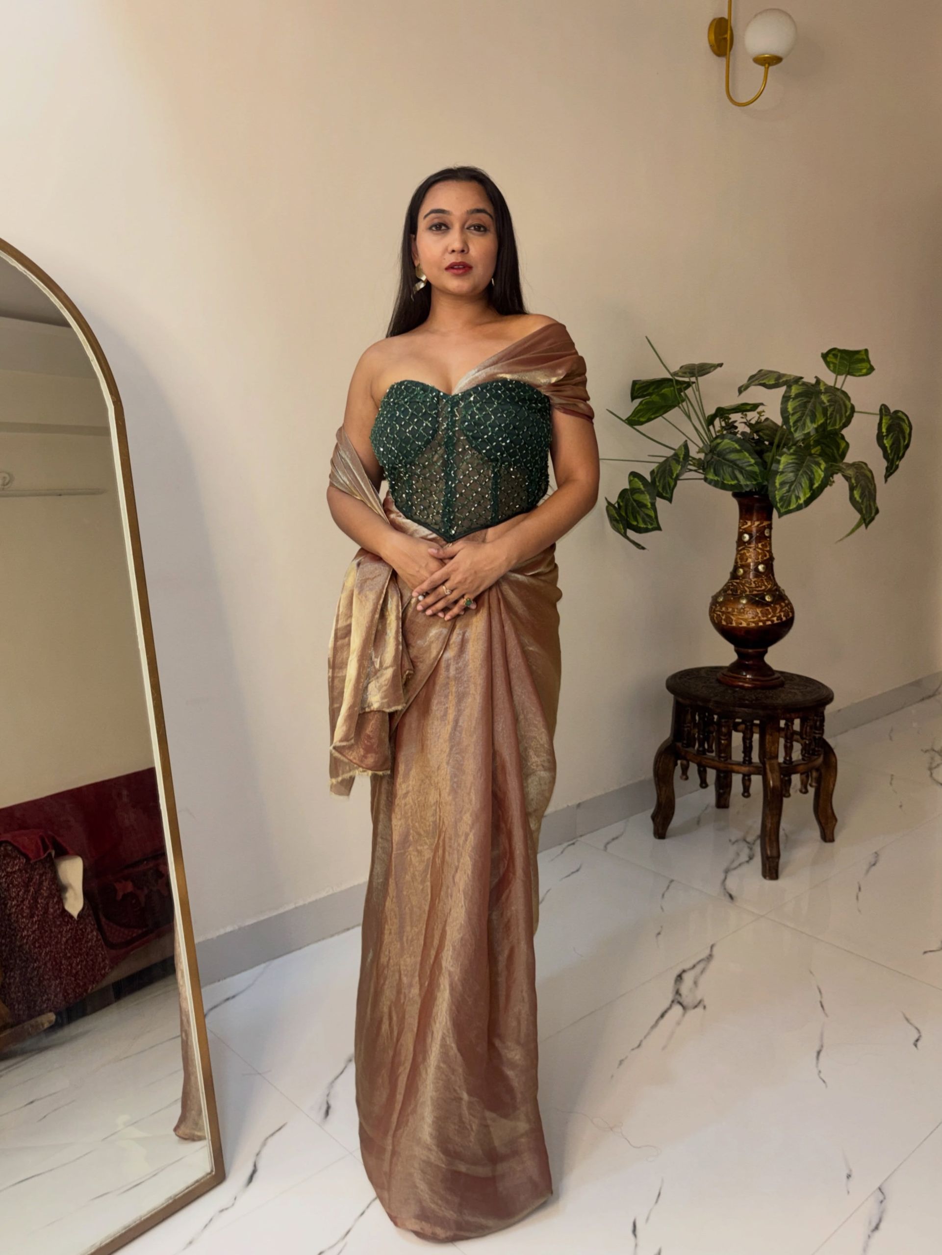 Golden Open Saree With Corset Blouse