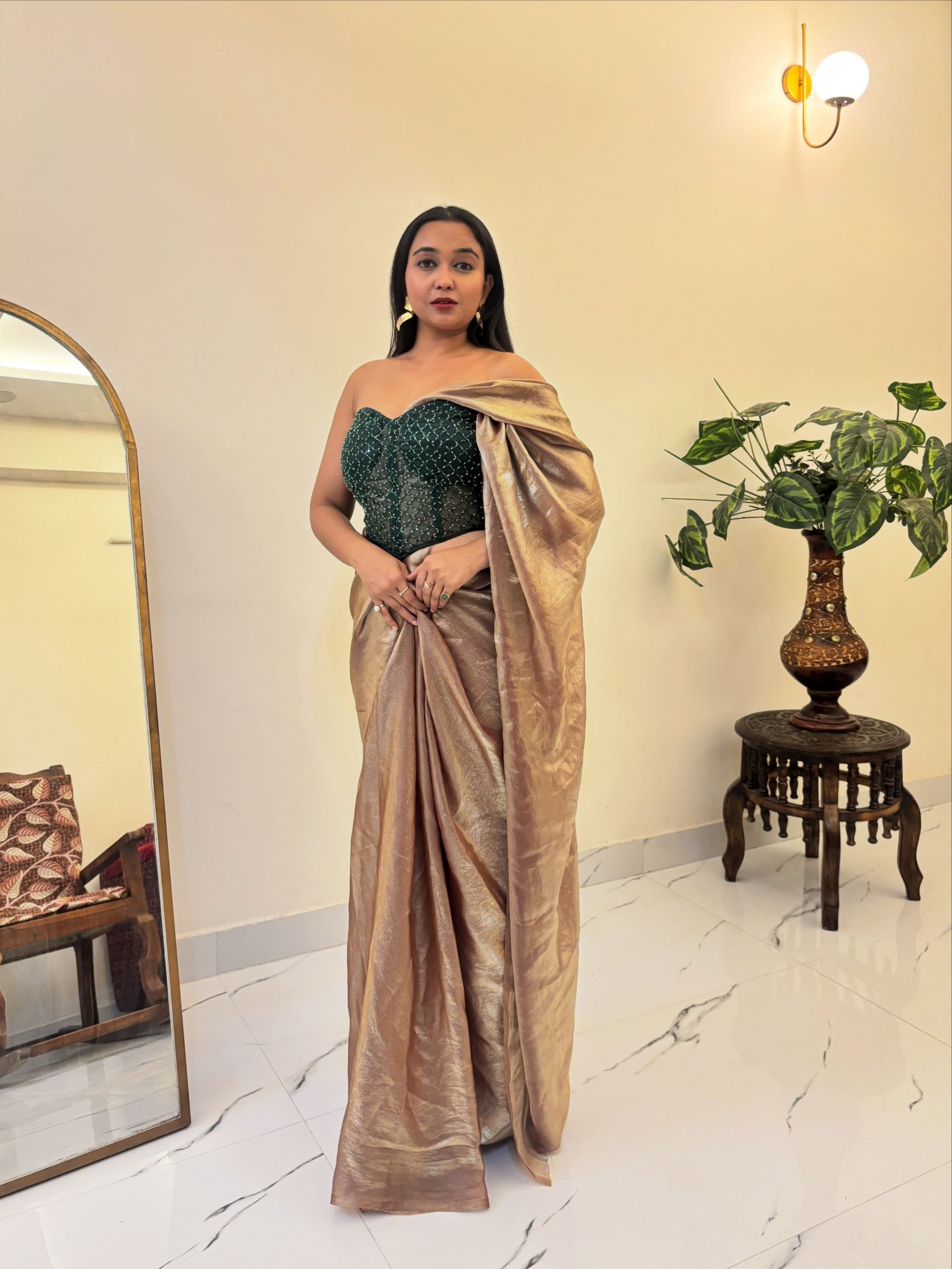 Golden Open Saree With Corset Blouse