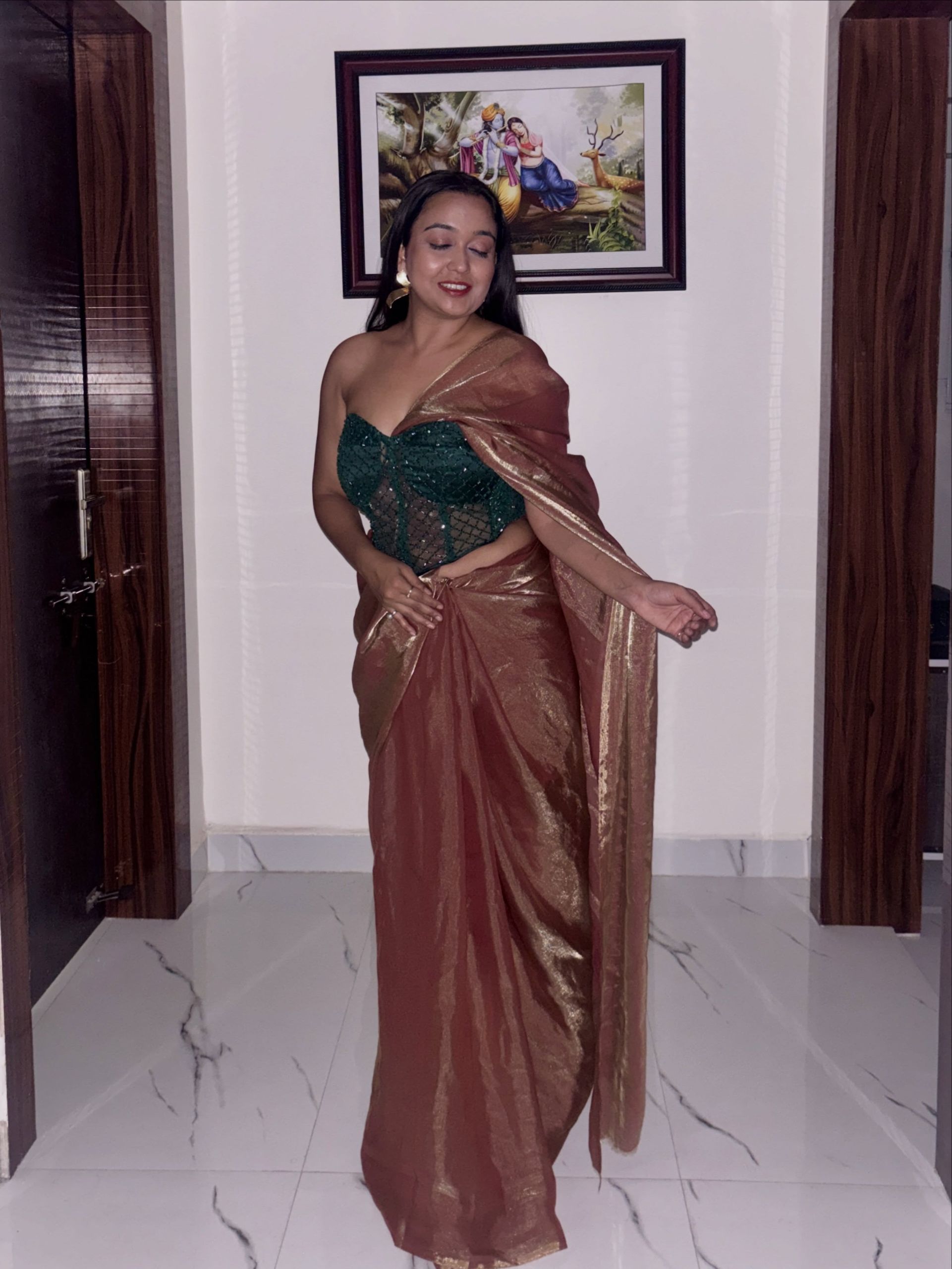 Golden Open Saree With Corset Blouse