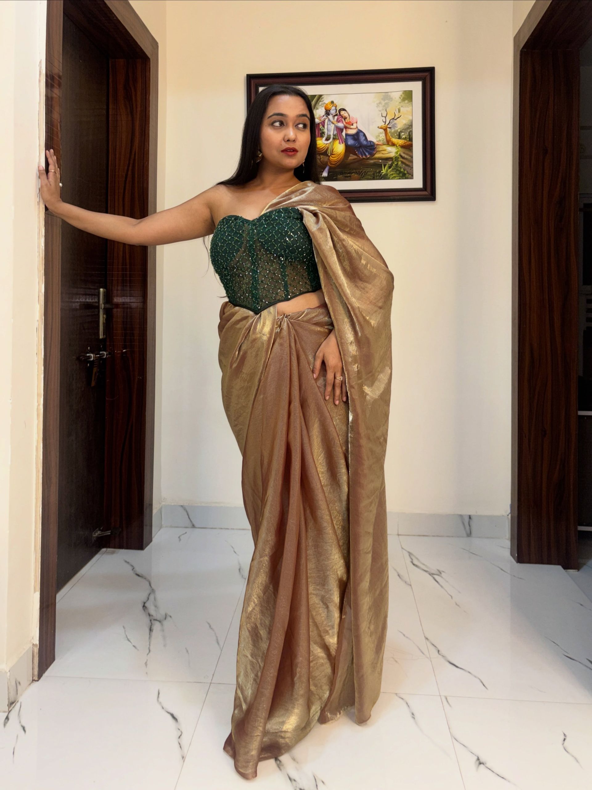 Golden Open Saree With Corset Blouse