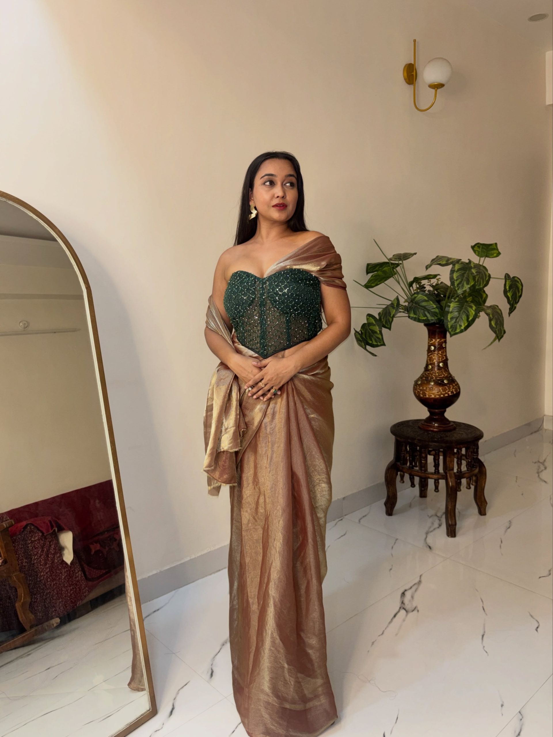Golden Open Saree With Corset Blouse