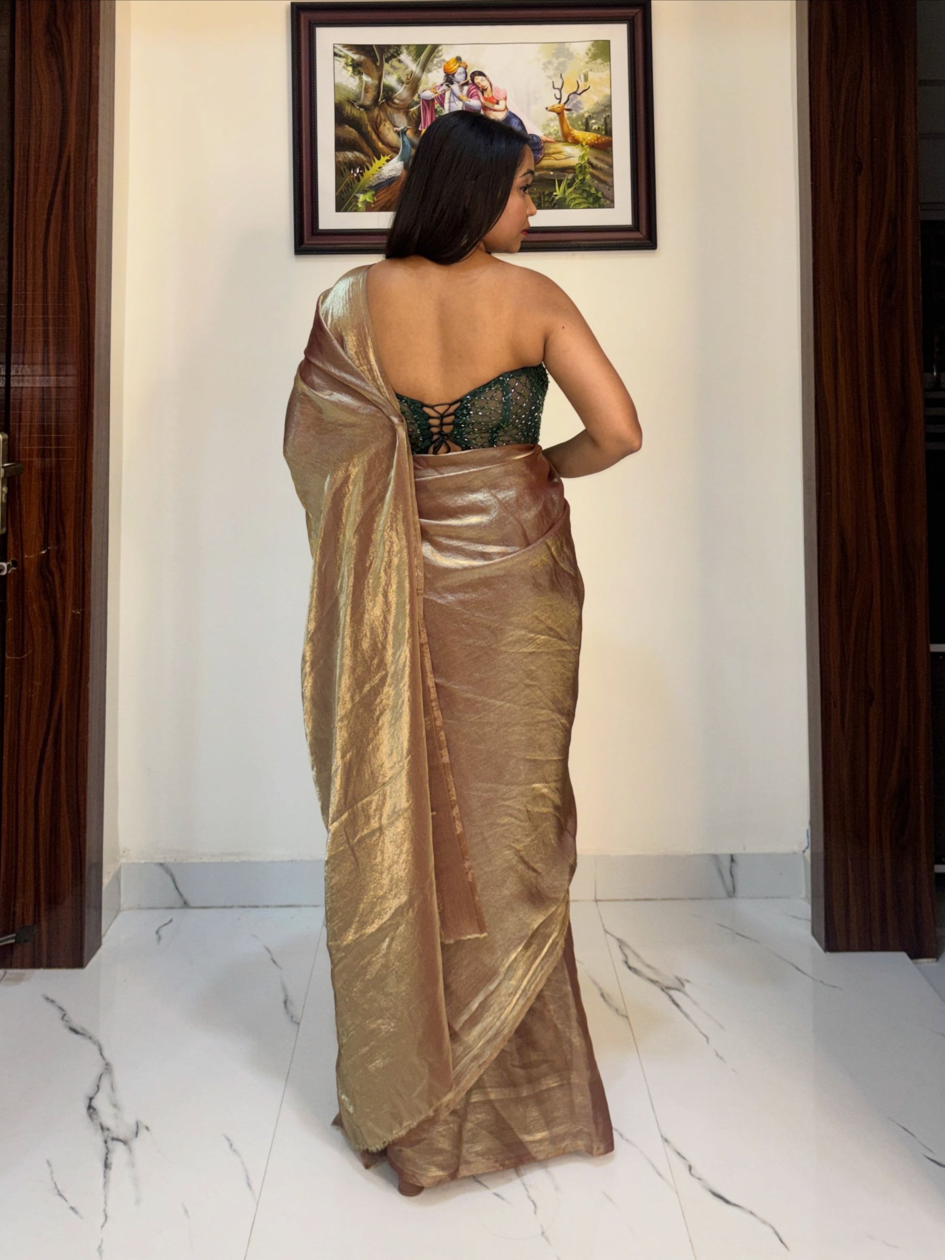Golden Open Saree With Corset Blouse