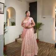 Gota And Mukesh Embroidered Pastel Pink Flared Lehenga Set In Tissue Fabric