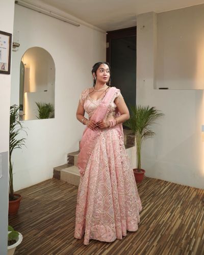 Gota And Mukesh Embroidered Pastel Pink Flared Lehenga Set In Tissue Fabric