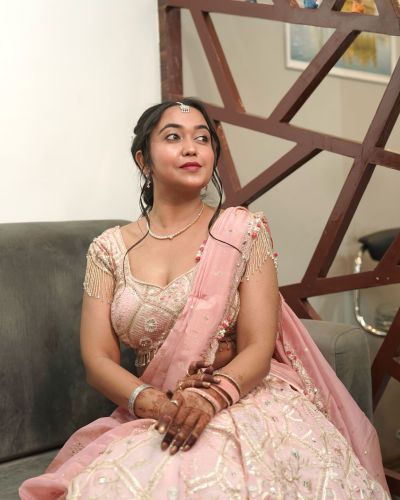 Gota And Mukesh Embroidered Pastel Pink Flared Lehenga Set In Tissue Fabric