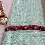 Sequin Embroidered Long Sheer Jacket With Inner Crop Top and Wide-Leg Palazo Set In Powder Blue Colour