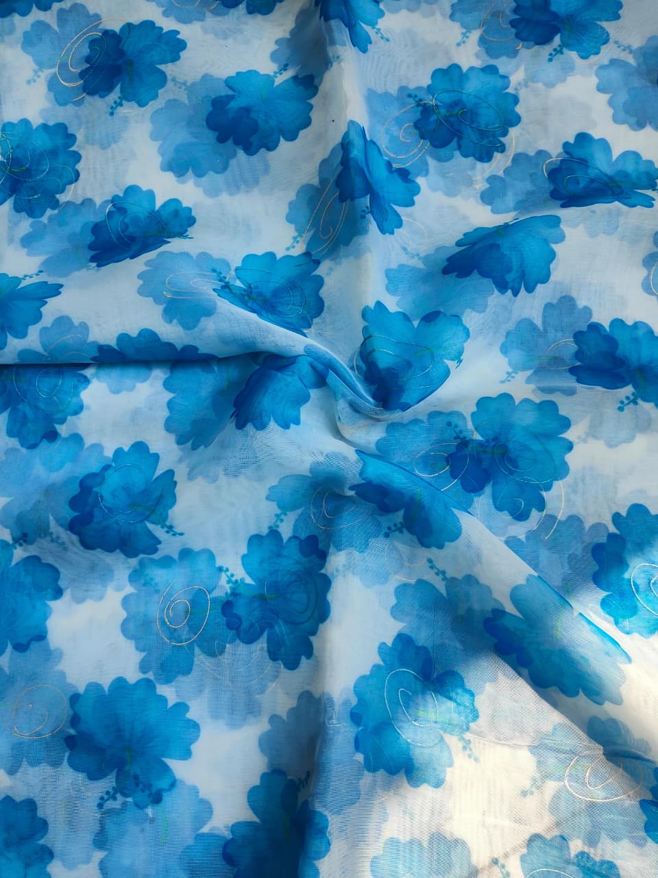 Floral Print Organza Cape With Crop Top & Wide-Leg Palazo Set in Sky Blue Colour
