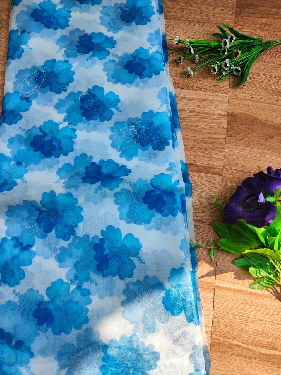 Floral Print Organza Cape With Crop Top & Wide-Leg Palazo Set in Sky Blue Colour