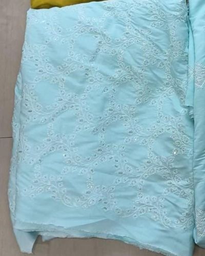 Russian Cotton With Thread And Sequin Floral Embroidered Fabric