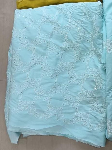 Russian Cotton With Thread And Sequin Floral Embroidered Fabric