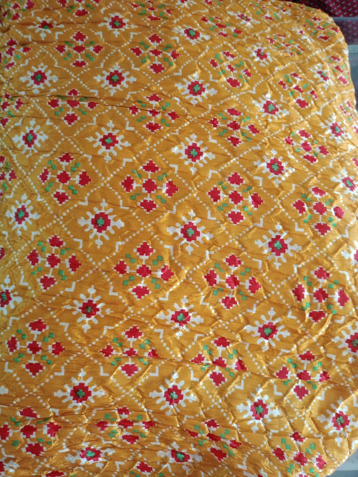 Patola Print Scalloped Dupatta with Crop Blouse and Tiered Sharara In Yellow Colour