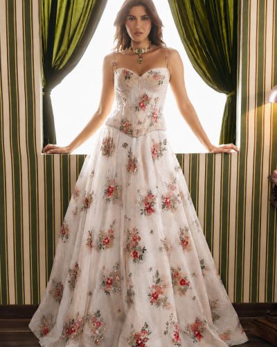 Floral Printed Embroidered Corset Lehenga In White Colour