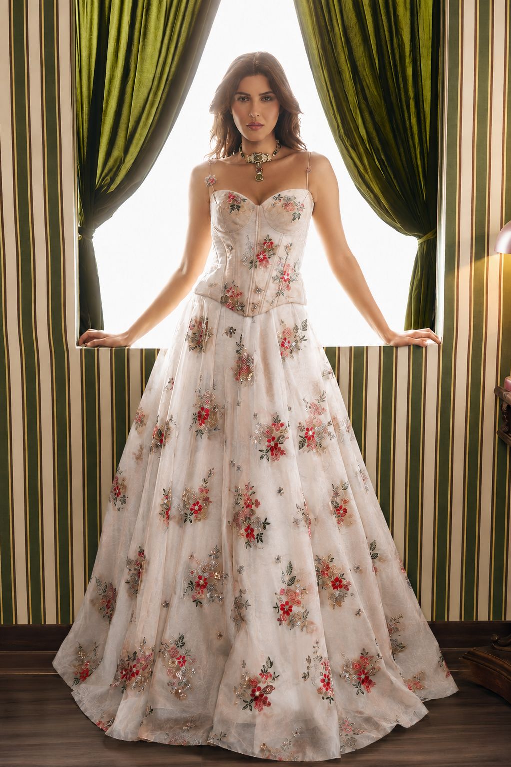 Floral Printed Embroidered Corset Lehenga In White Colour