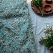 Gota And Mukesh Embroidered Powder Blue Flared Lehenga Set In Tissue Fabric