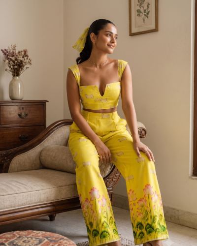 Sunshine Yellow Lotus Print Crop Top & Wide-Leg Trousers Set