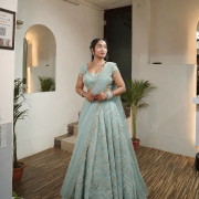 Gota And Mukesh Embroidered Powder Blue Flared Lehenga Set In Tissue Fabric