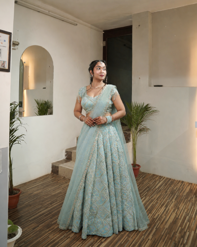 Gota And Mukesh Embroidered Powder Blue Flared Lehenga Set In Tissue Fabric