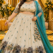 Peacock Print Chinon Lehenga In Cream Colour