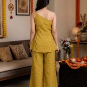 Olive Yellow Sequin One-Shoulder A-Line Tunic & Wide-Leg Trousers Set