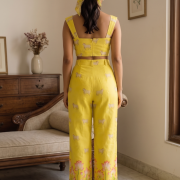 Sunshine Yellow Lotus Print Crop Top & Wide-Leg Trousers Set