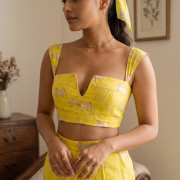 Sunshine Yellow Lotus Print Crop Top & Wide-Leg Trousers Set