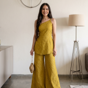 Olive Yellow Sequin One-Shoulder A-Line Tunic & Wide-Leg Trousers Set