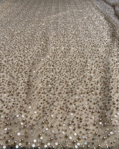 Big Width Imported net Fabric with all over Pearl and Cut Dana hand embroidery on it in beige golden Colour