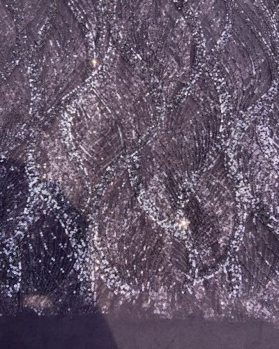 Lavender Colour Net With Silver And Tonal Sequins And Cutdana, In Leaf Pattern Fabric