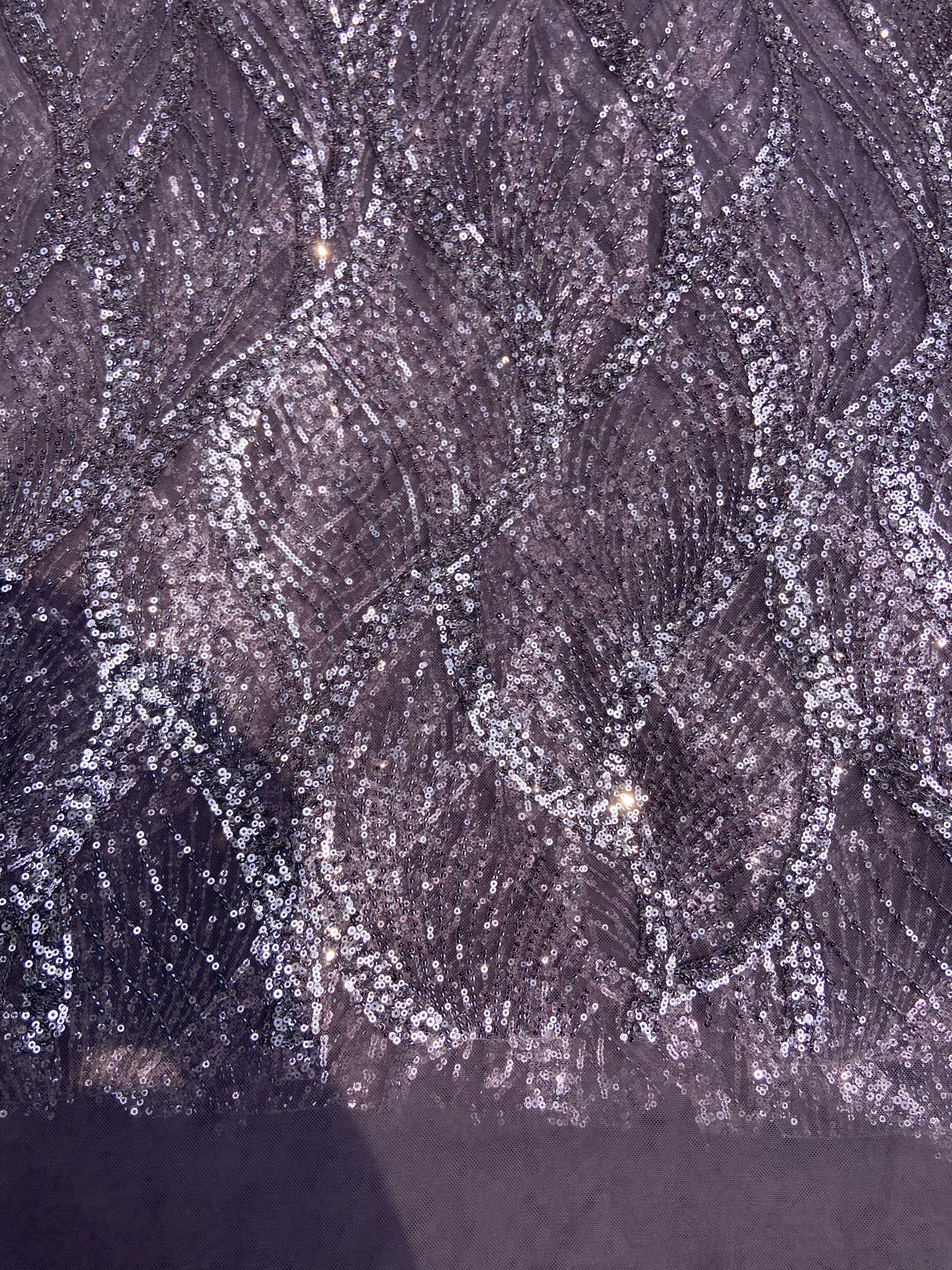 Lavender Colour Net With Silver And Tonal Sequins And Cutdana, In Leaf Pattern Fabric