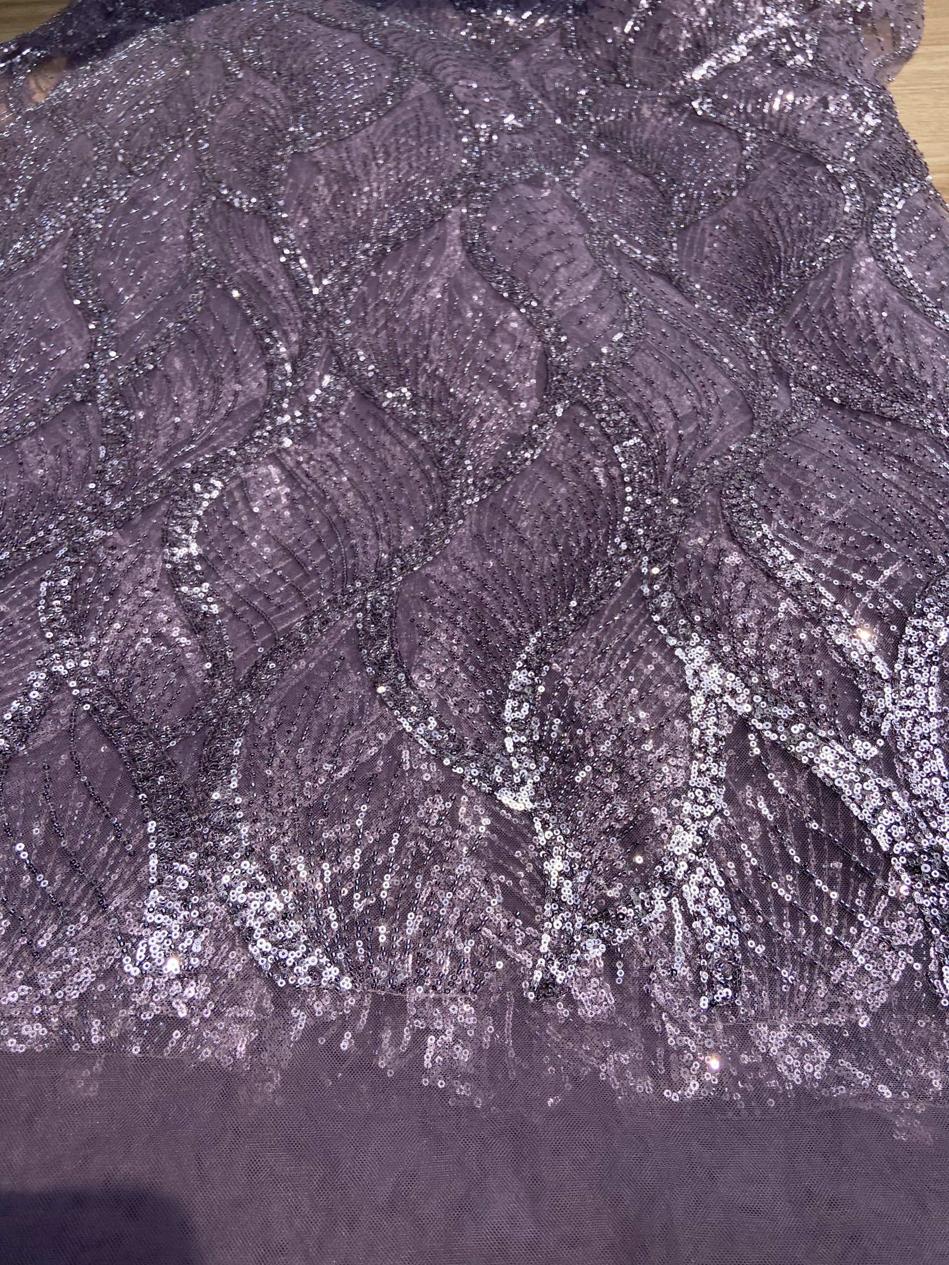 Lavender Colour Net With Silver And Tonal Sequins And Cutdana, In Leaf Pattern Fabric